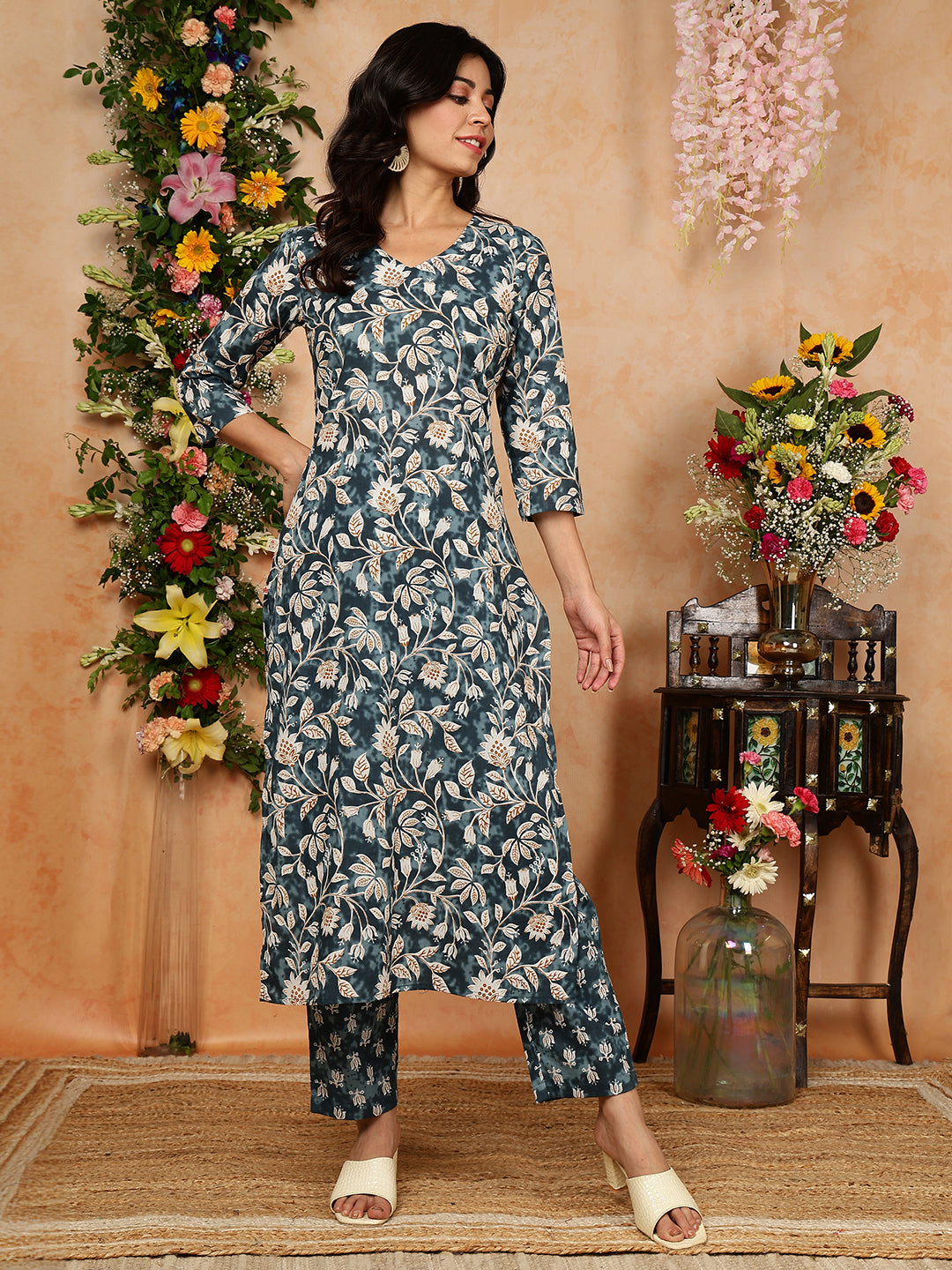 Cotton  Calf Length Printed Straight 3/4 Sleeves V-Neck Kurta Bottom Dupatta Set