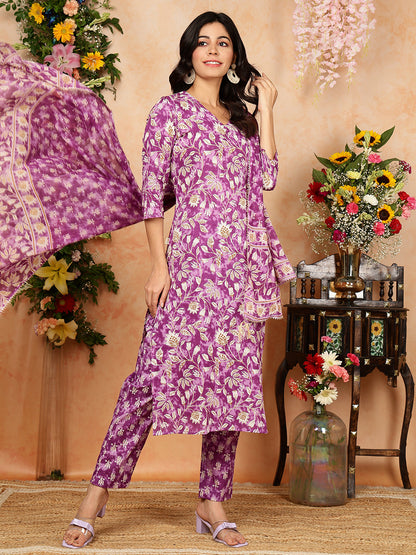 Cotton  Calf Length Printed Straight 3/4 Sleeves V-Neck Kurta Bottom Dupatta Set