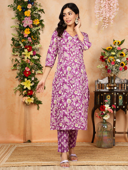 Cotton  Calf Length Printed Straight 3/4 Sleeves V-Neck Kurta Bottom Dupatta Set