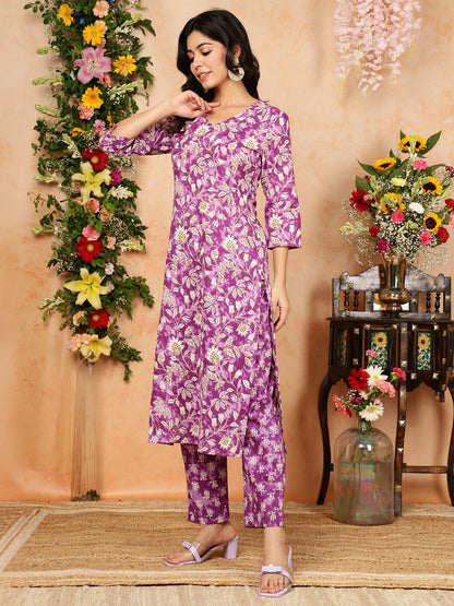 Cotton  Calf Length Printed Straight 3/4 Sleeves V-Neck Kurta Bottom Dupatta Set