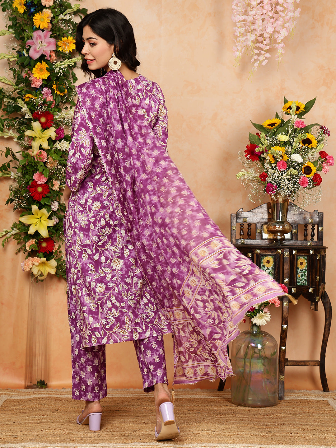 Cotton  Calf Length Printed Straight 3/4 Sleeves V-Neck Kurta Bottom Dupatta Set