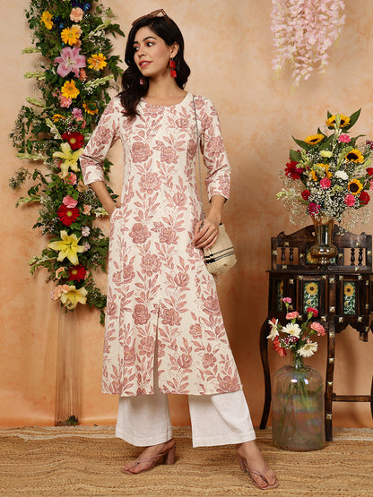 Cotton Flex  Calf Length Printed A-Line 3/4 Sleeves Round Kurta