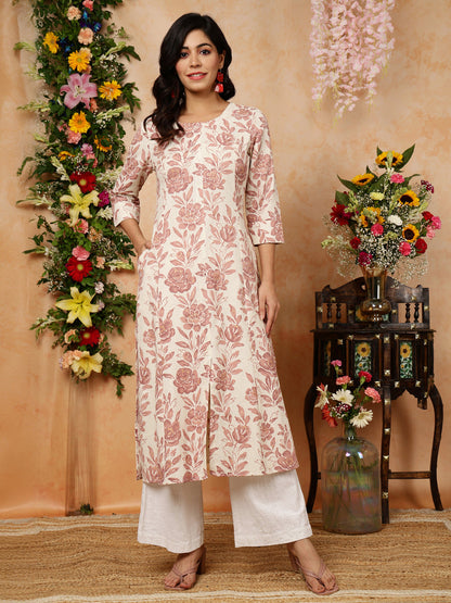 Cotton Flex  Calf Length Printed A-Line 3/4 Sleeves Round Kurta