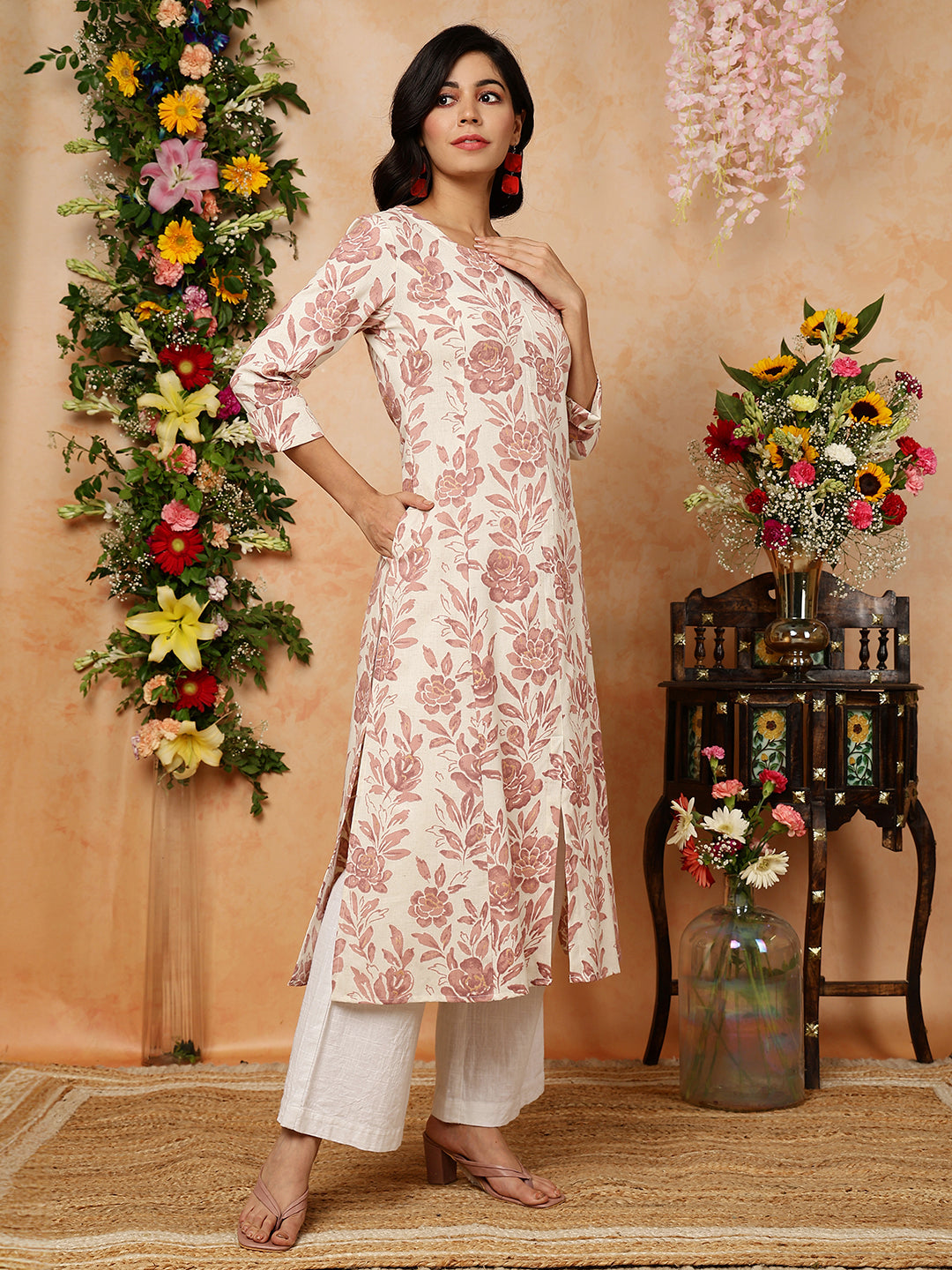 Cotton Flex  Calf Length Printed A-Line 3/4 Sleeves Round Kurta