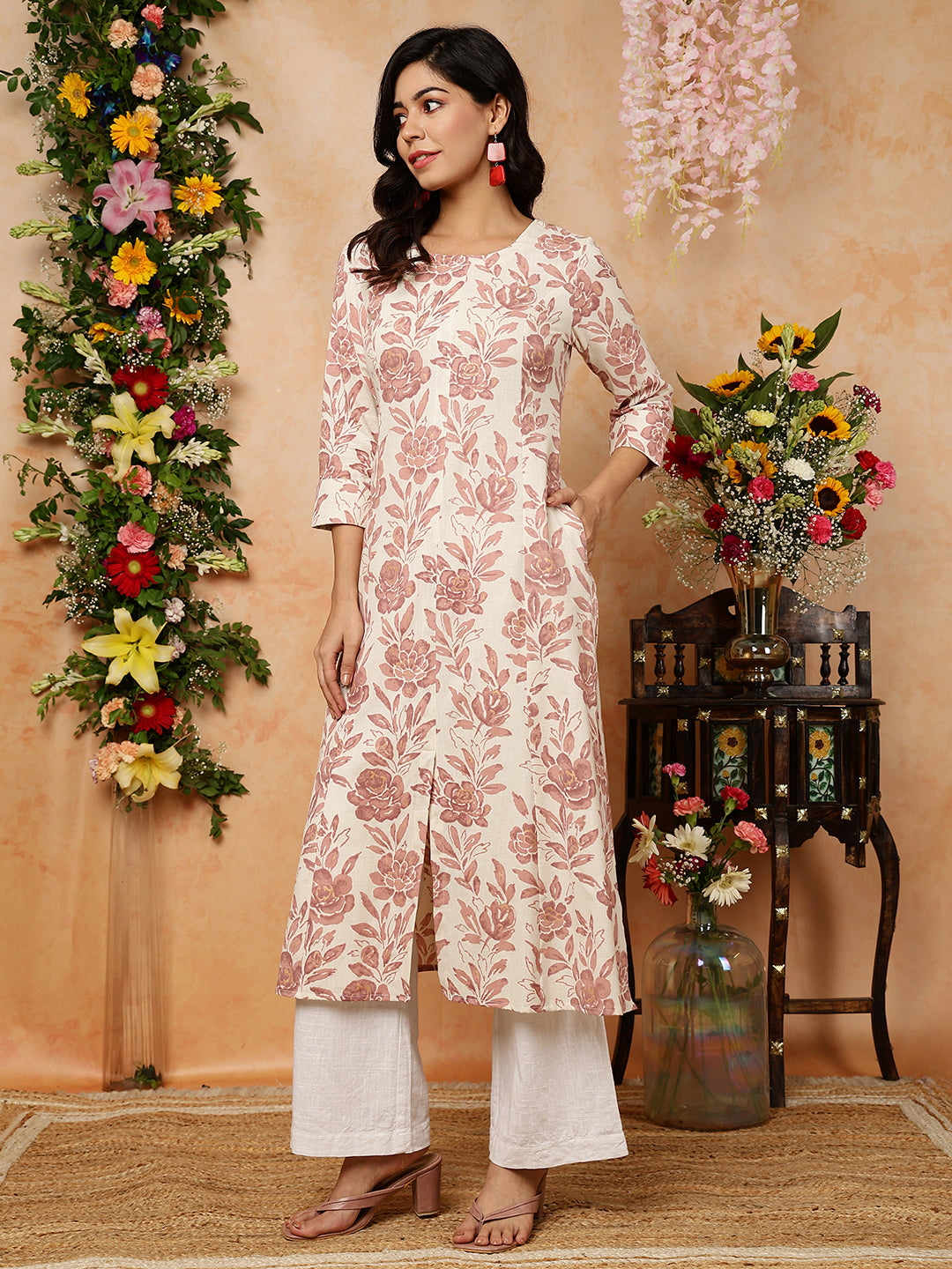 Cotton Flex  Calf Length Printed A-Line 3/4 Sleeves Round Kurta