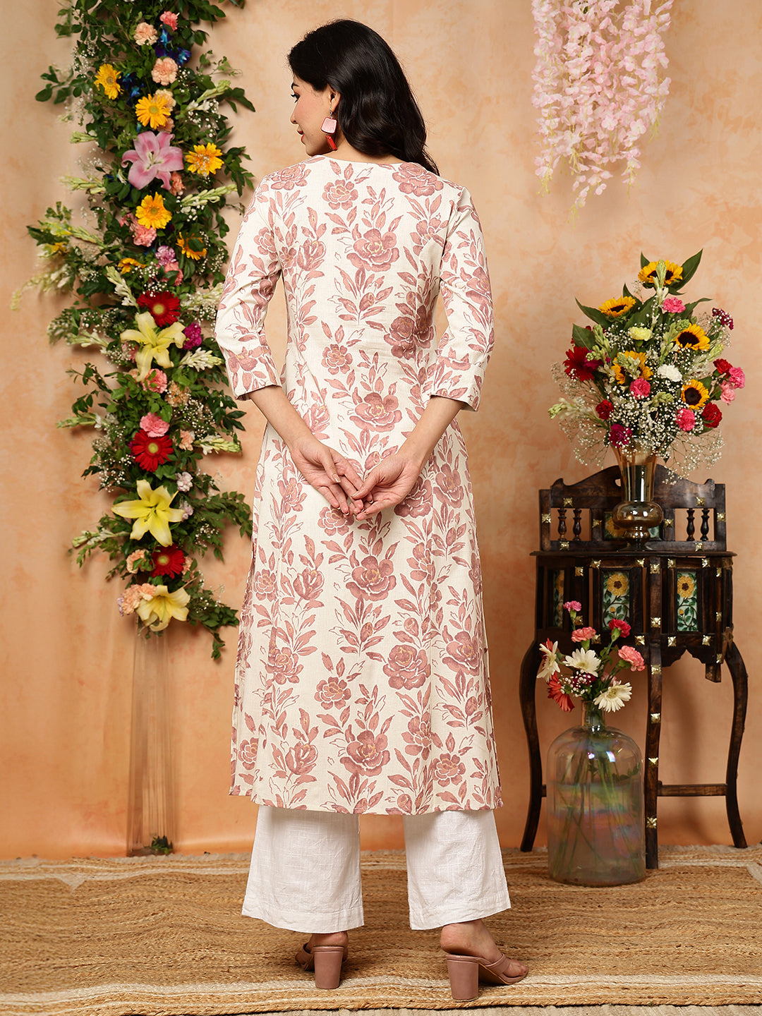 Cotton Flex  Calf Length Printed A-Line 3/4 Sleeves Round Kurta