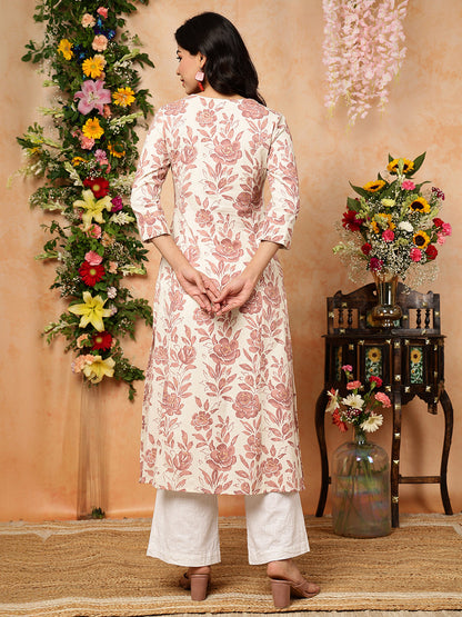 Cotton Flex  Calf Length Printed A-Line 3/4 Sleeves Round Kurta