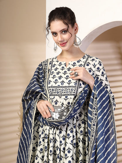 Cotton  Calf Length Printed Flared 3/4 Sleeves Round Neck Kurta, Bottom With Dupatta