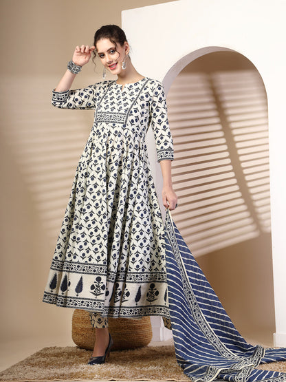 Cotton  Calf Length Printed Flared 3/4 Sleeves Round Neck Kurta, Bottom With Dupatta