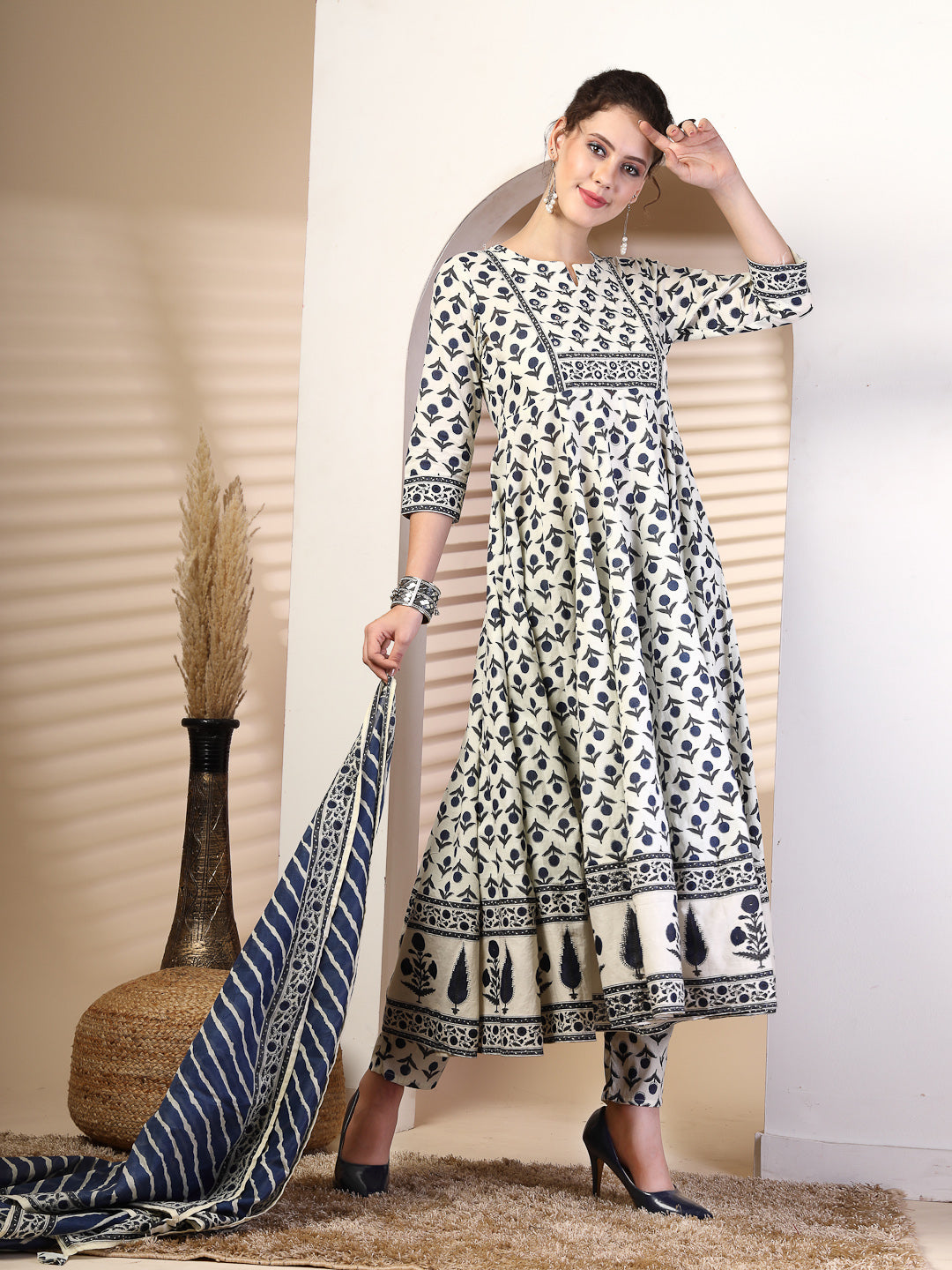 Cotton  Calf Length Printed Flared 3/4 Sleeves Round Neck Kurta, Bottom With Dupatta