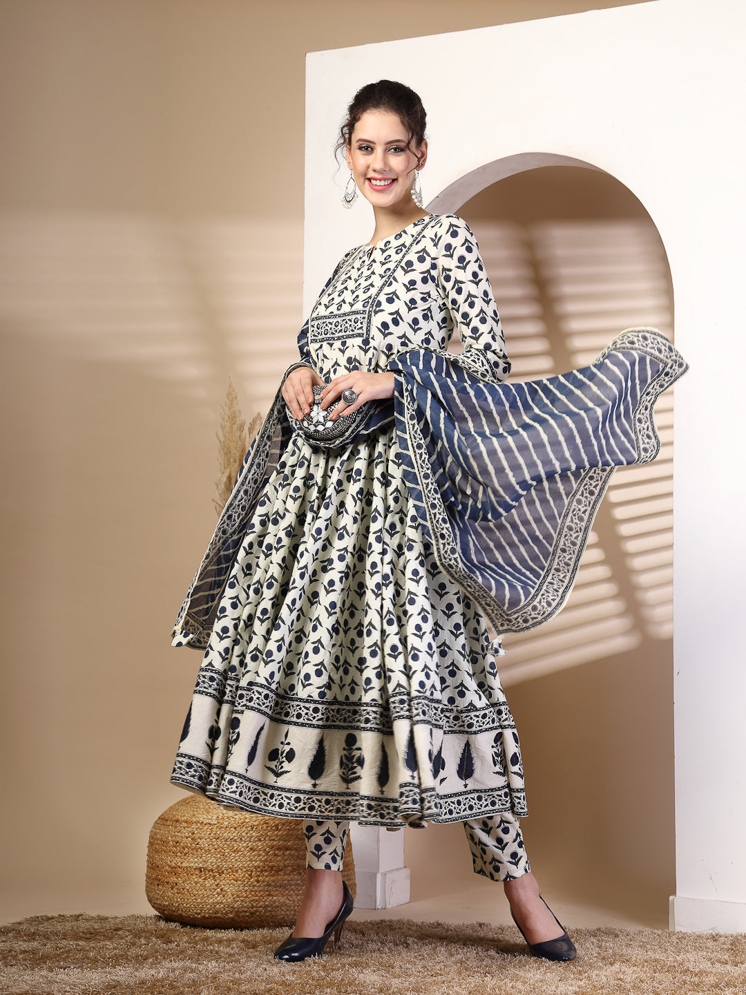 Cotton  Calf Length Printed Flared 3/4 Sleeves Round Neck Kurta, Bottom With Dupatta