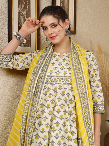 Cotton  Calf Length Printed Flared 3/4 Sleeves Round Neck Kurta, Bottom With Dupatta