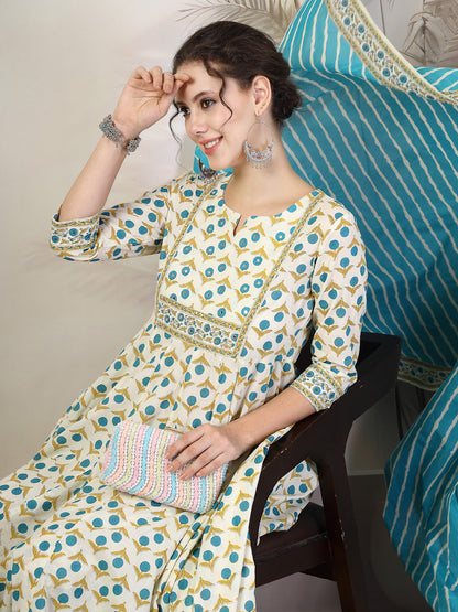 Cotton  Calf Length Printed Flared 3/4 Sleeves Round Neck Kurta, Bottom With Dupatta