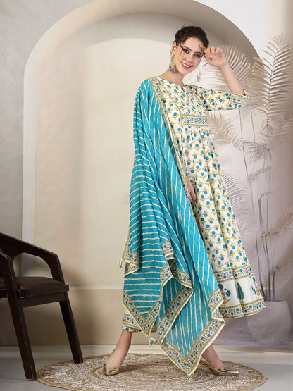 Cotton  Calf Length Printed Flared 3/4 Sleeves Round Neck Kurta, Bottom With Dupatta