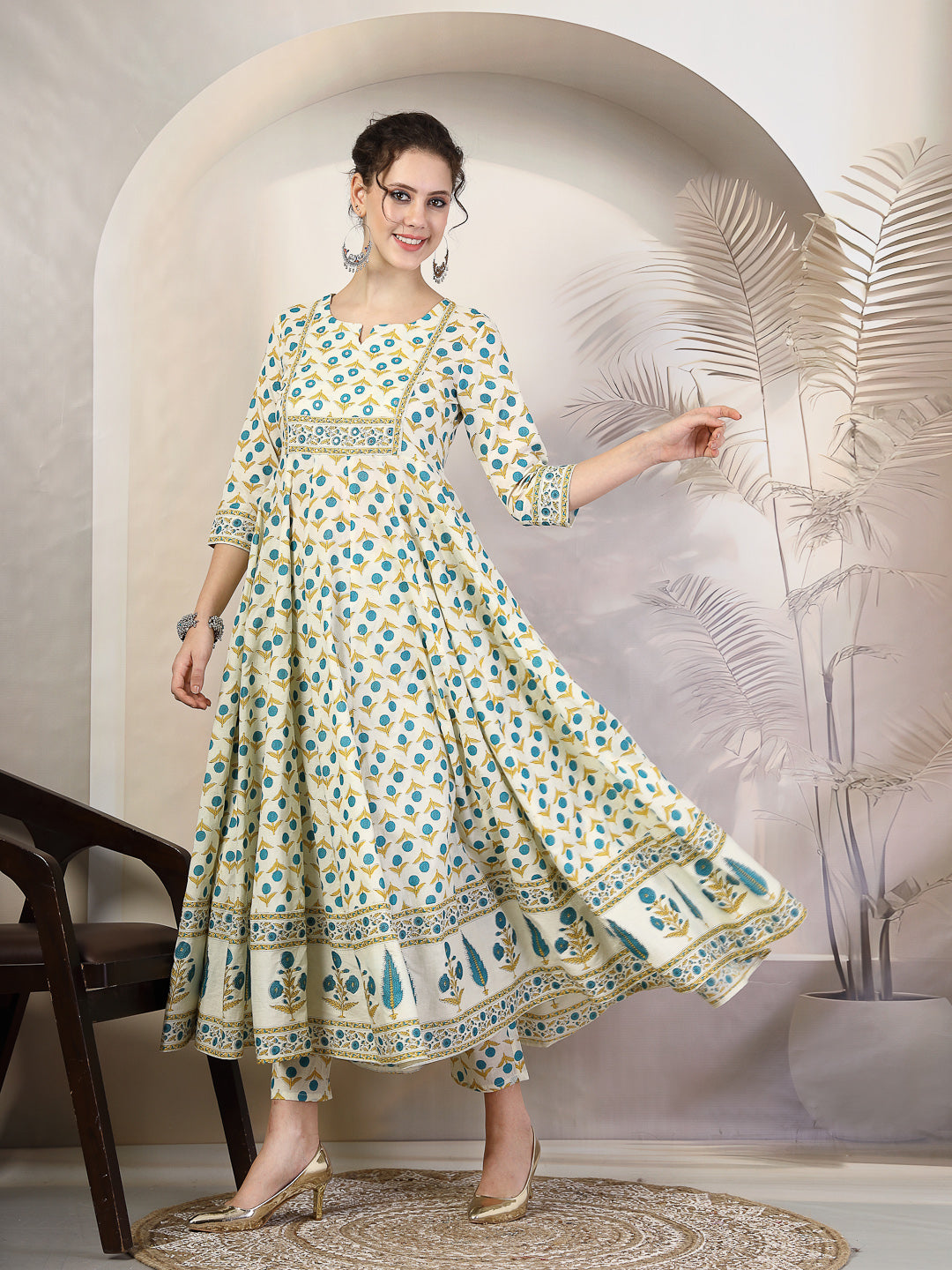 Cotton  Calf Length Printed Flared 3/4 Sleeves Round Neck Kurta, Bottom With Dupatta