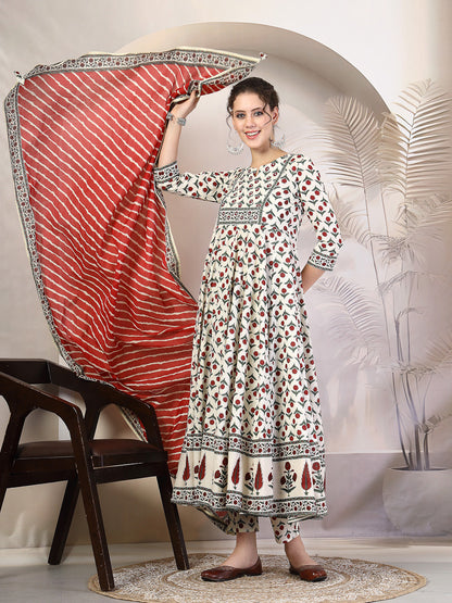 Cotton  Calf Length Printed Flared 3/4 Sleeves Round Neck Kurta, Bottom With Dupatta