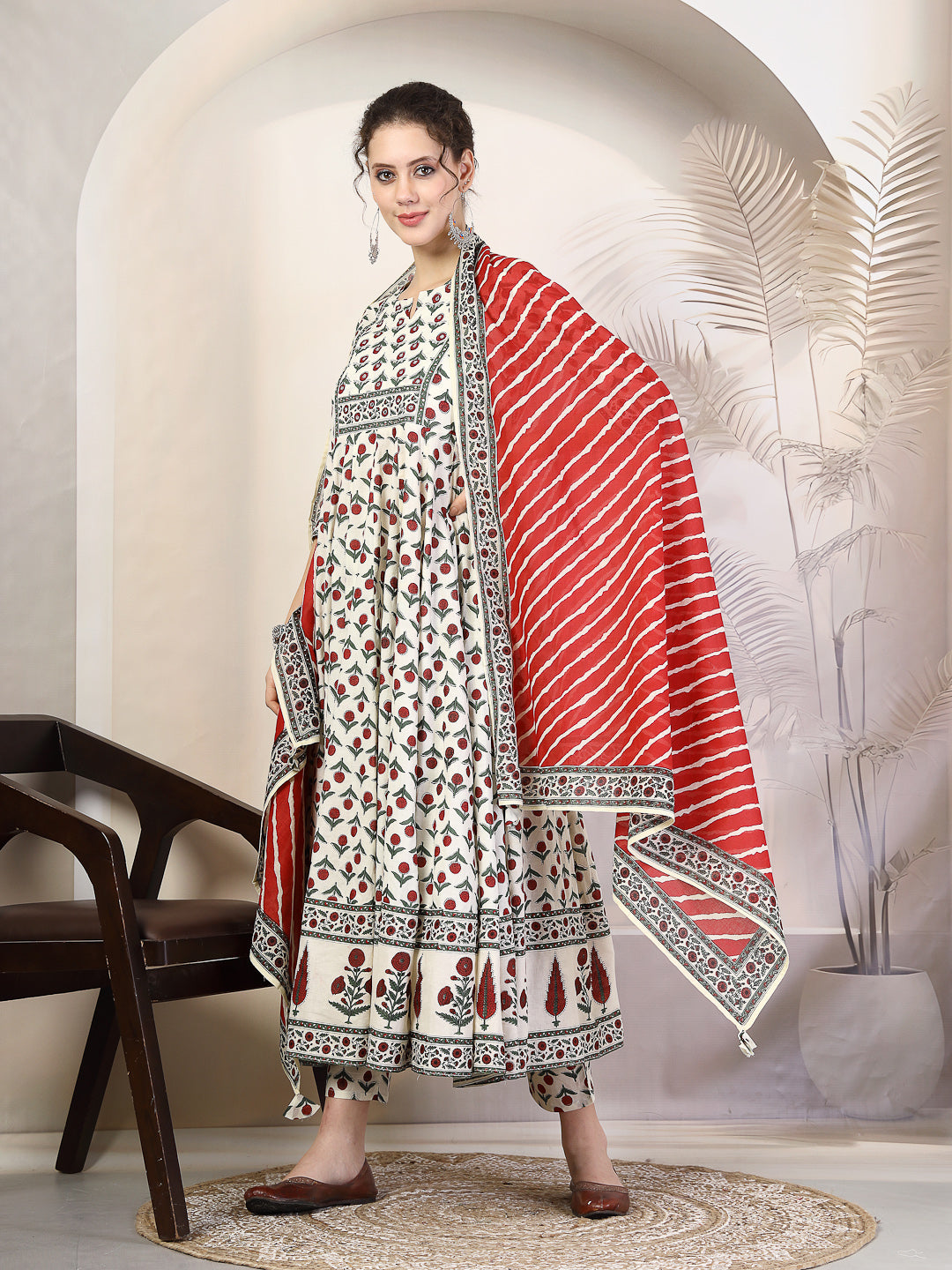 Cotton  Calf Length Printed Flared 3/4 Sleeves Round Neck Kurta, Bottom With Dupatta