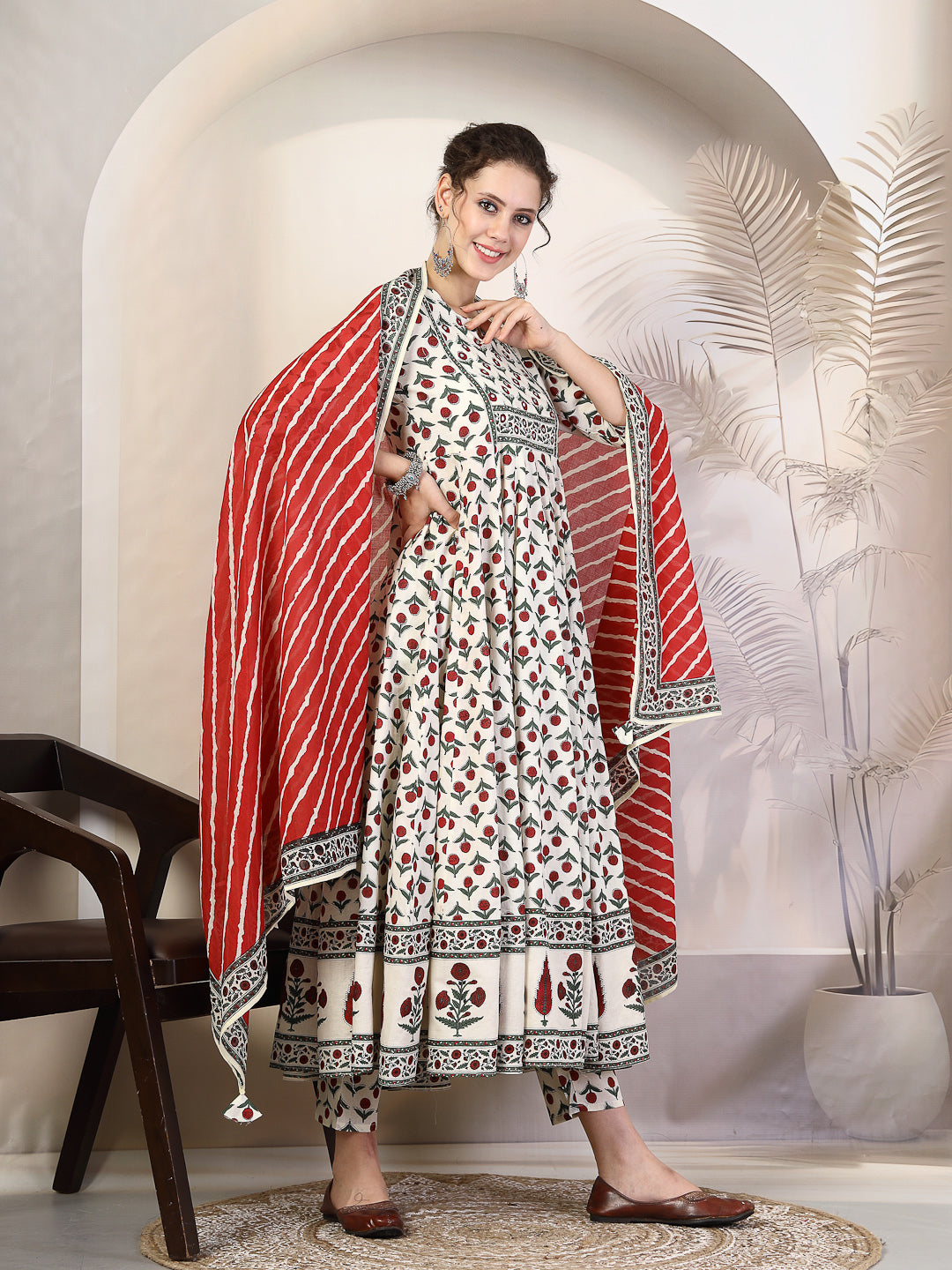 Cotton  Calf Length Printed Flared 3/4 Sleeves Round Neck Kurta, Bottom With Dupatta