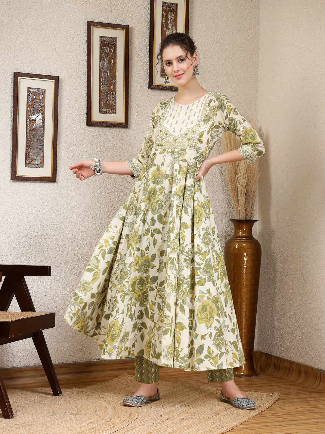 Cotton Calf Length Printed Flared 3/4 Sleeves Round Neck Kurta, Bottom With Dupatta