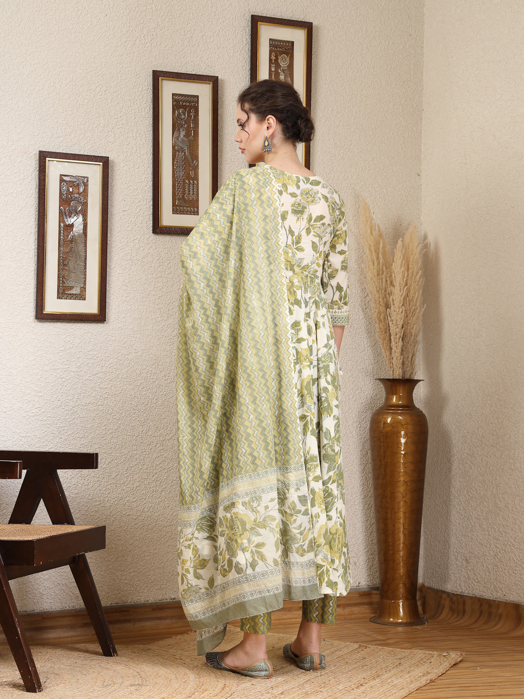 Cotton Calf Length Printed Flared 3/4 Sleeves Round Neck Kurta, Bottom With Dupatta