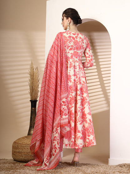 Cotton Calf Length Printed Flared 3/4 Sleeves Round Neck Kurta, Bottom With Dupatta