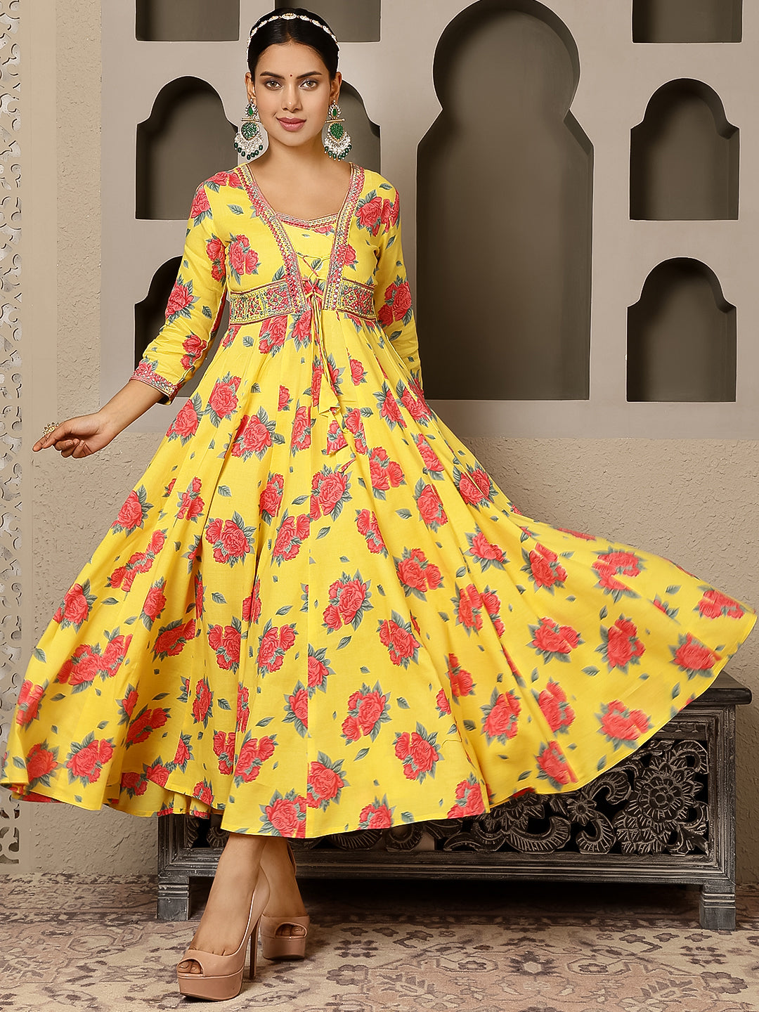 Rayon Ankle Length Printed Flared 3/4 Sleeves V Neck Gown