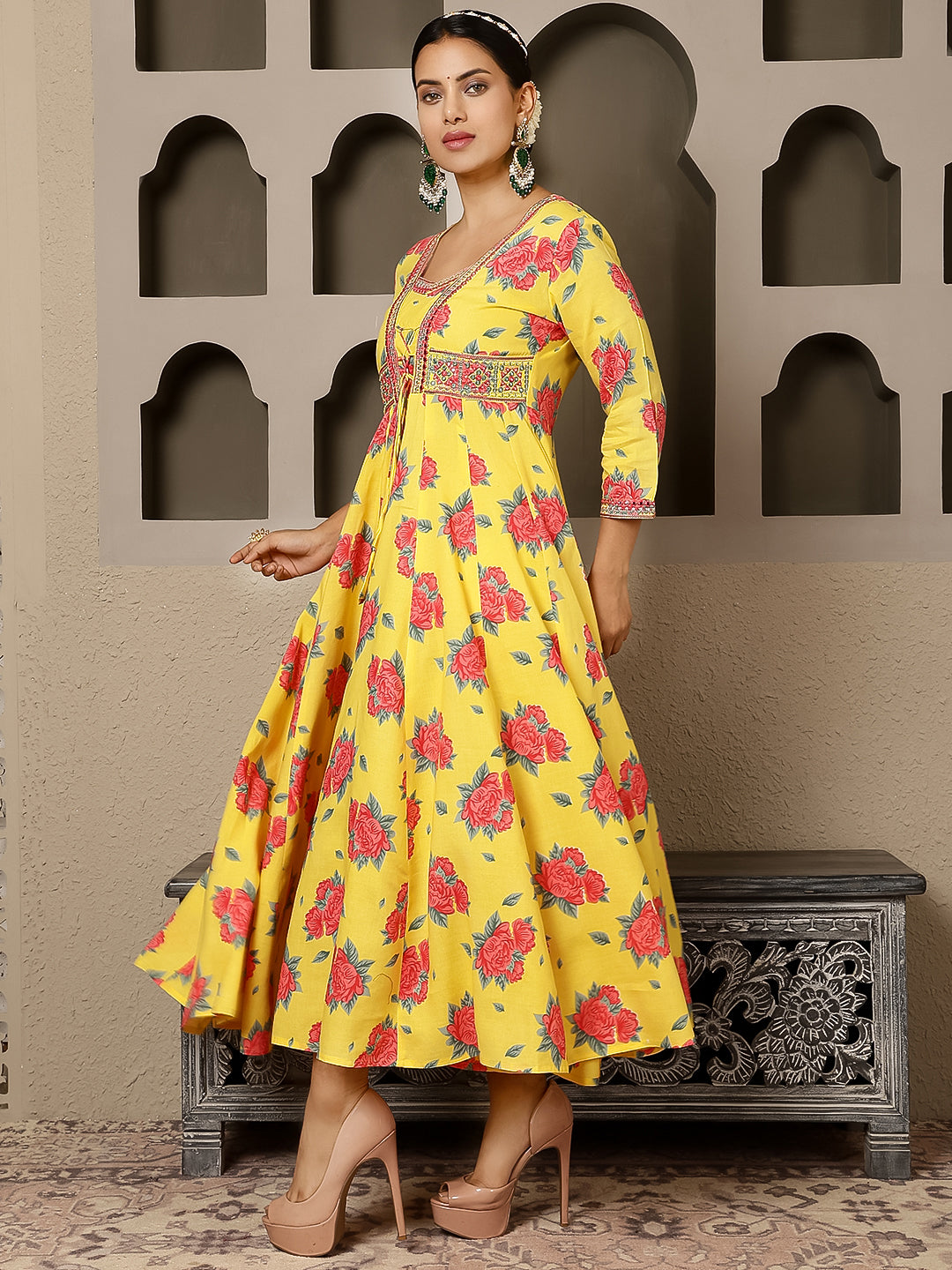 Rayon Ankle Length Printed Flared 3/4 Sleeves V Neck Gown