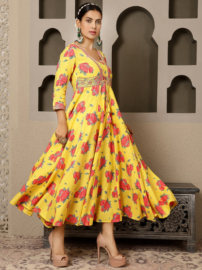 Rayon Ankle Length Printed Flared 3/4 Sleeves V Neck Gown