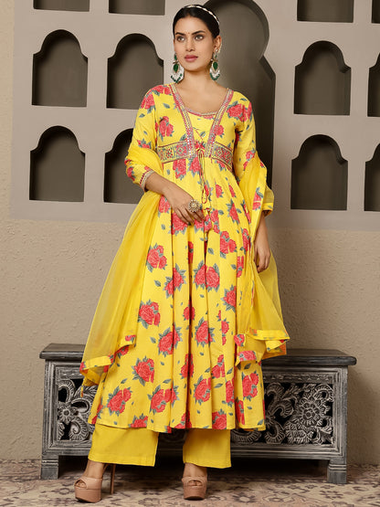 Rayon Calf Length Printed Flared 3/4 Sleeves V Neck Kurta, Bottom With Dupatta