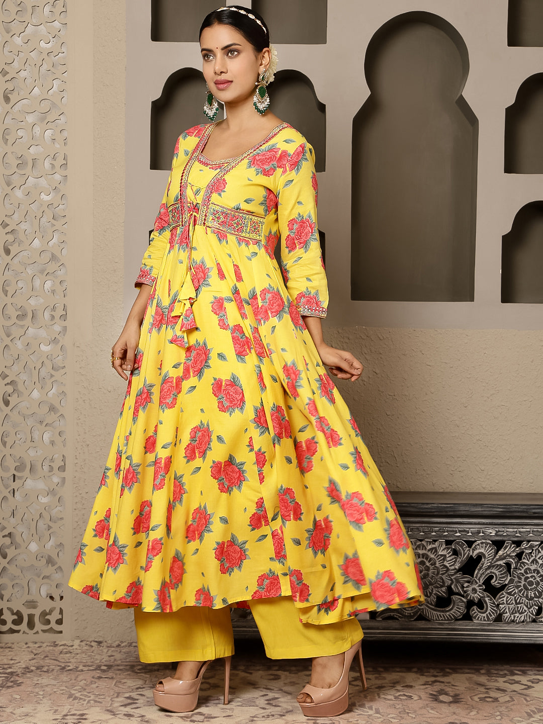 Rayon Calf Length Printed Flared 3/4 Sleeves V Neck Kurta, Bottom With Dupatta