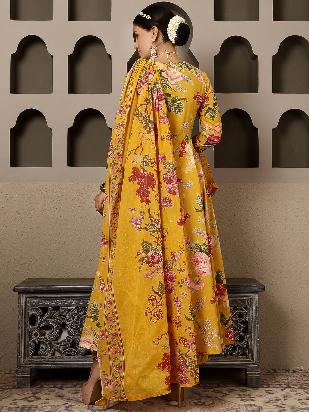 Cotton Calf Length Printed Flared 3/4 Sleeves V Neck Kurta, Bottom With Dupatta