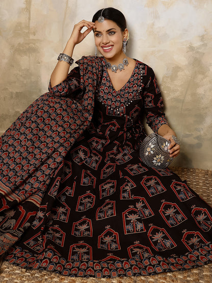 Cotton Calf Length Printed Flared 3/4 Sleeves V Neck Kurta, Bottom With Dupatta