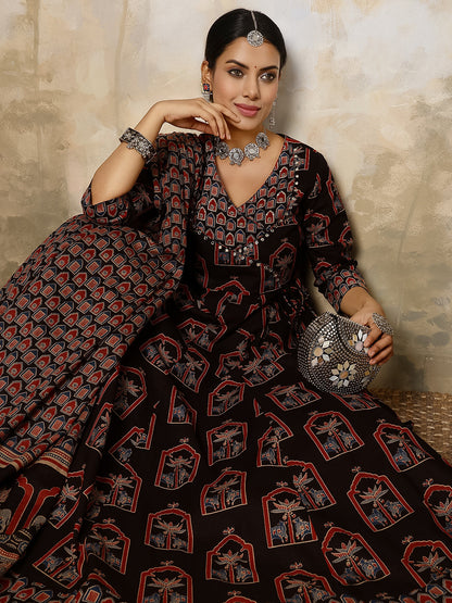 Cotton Calf Length Printed Flared 3/4 Sleeves V Neck Kurta, Bottom With Dupatta