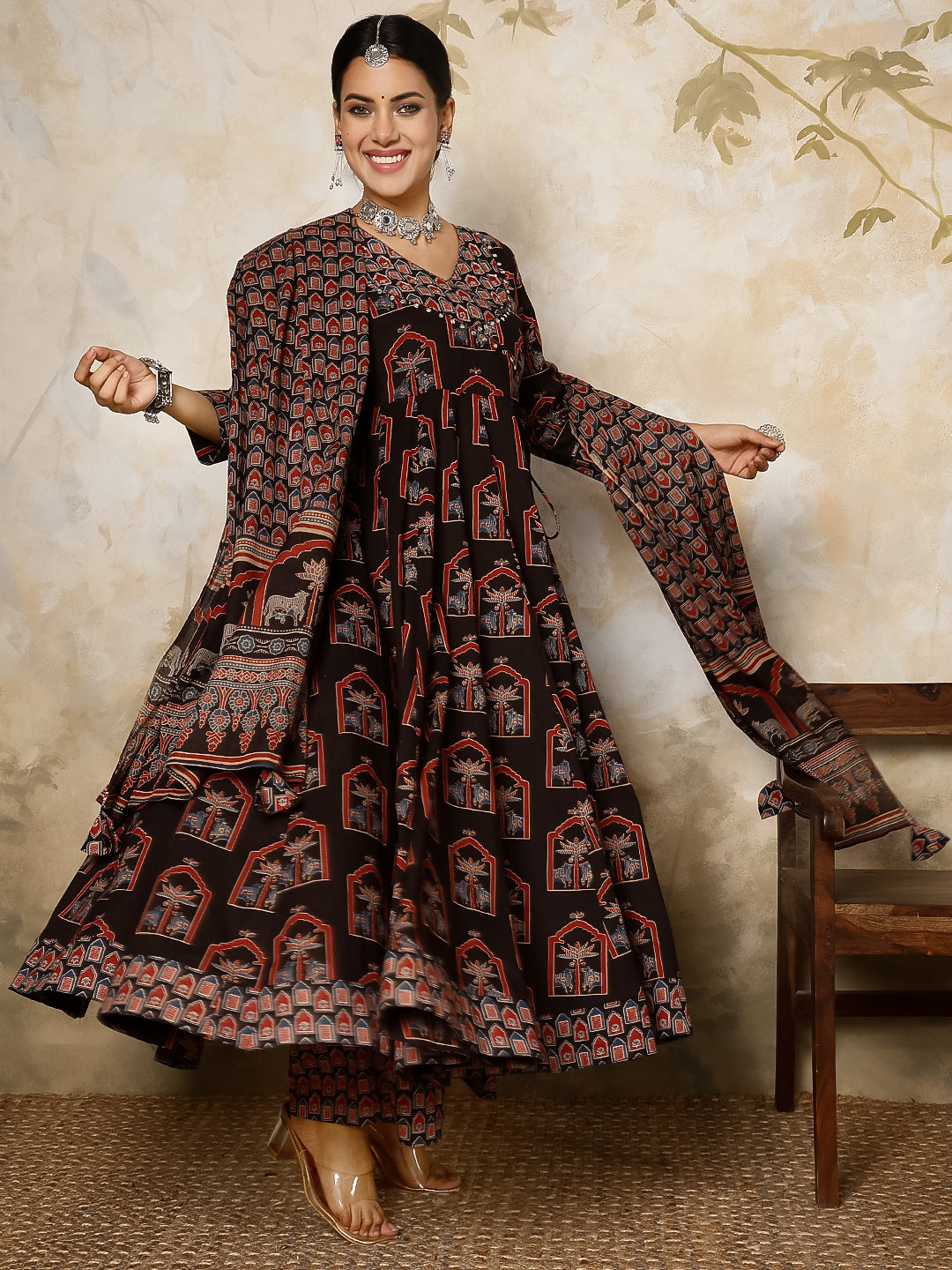 Cotton Calf Length Printed Flared 3/4 Sleeves V Neck Kurta, Bottom With Dupatta