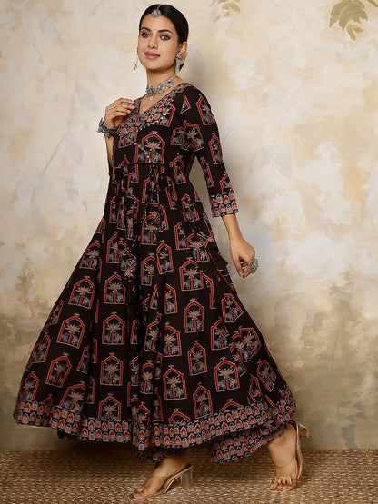 Cotton Calf Length Printed Flared 3/4 Sleeves V Neck Kurta, Bottom With Dupatta