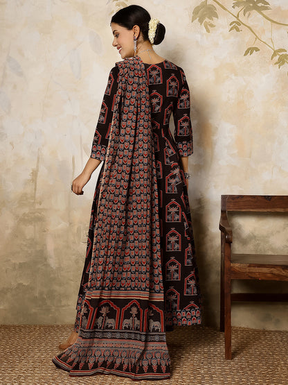 Cotton Calf Length Printed Flared 3/4 Sleeves V Neck Kurta, Bottom With Dupatta