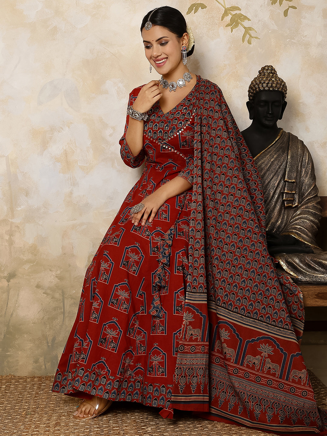 Cotton Calf Length Printed Flared 3/4 Sleeves V Neck Kurta, Bottom With Dupatta