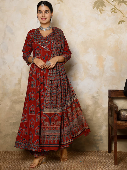 Cotton Calf Length Printed Flared 3/4 Sleeves V Neck Kurta, Bottom With Dupatta