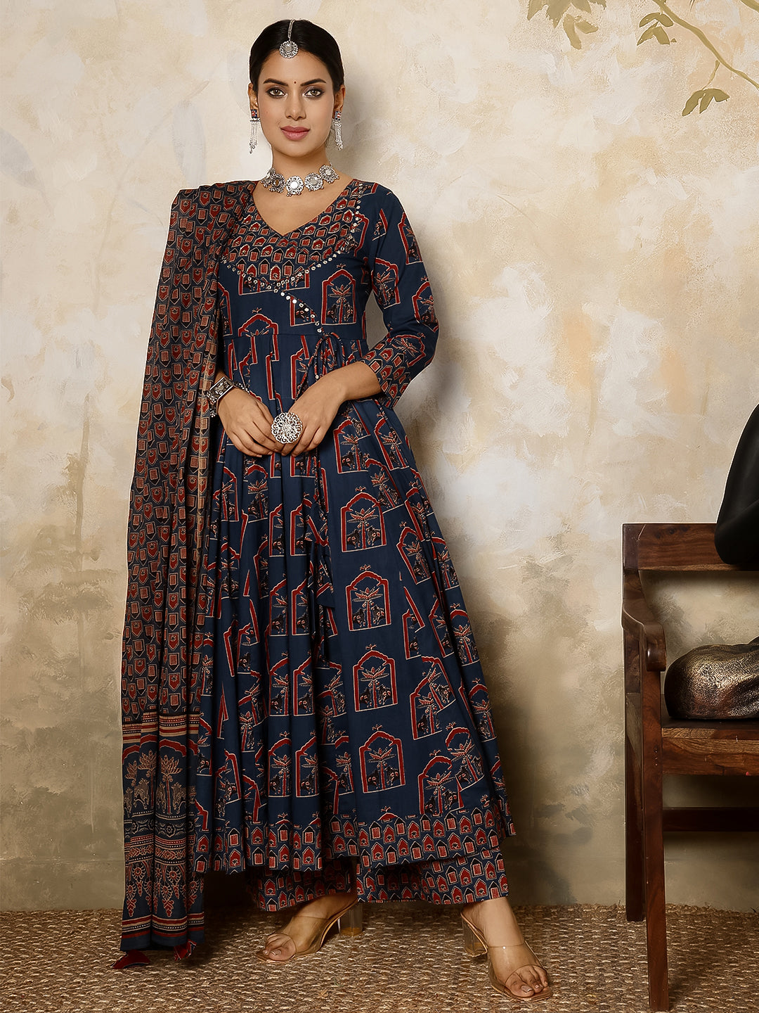 Cotton Calf Length Printed Flared 3/4 Sleeves V Neck Kurta, Bottom With Dupatta