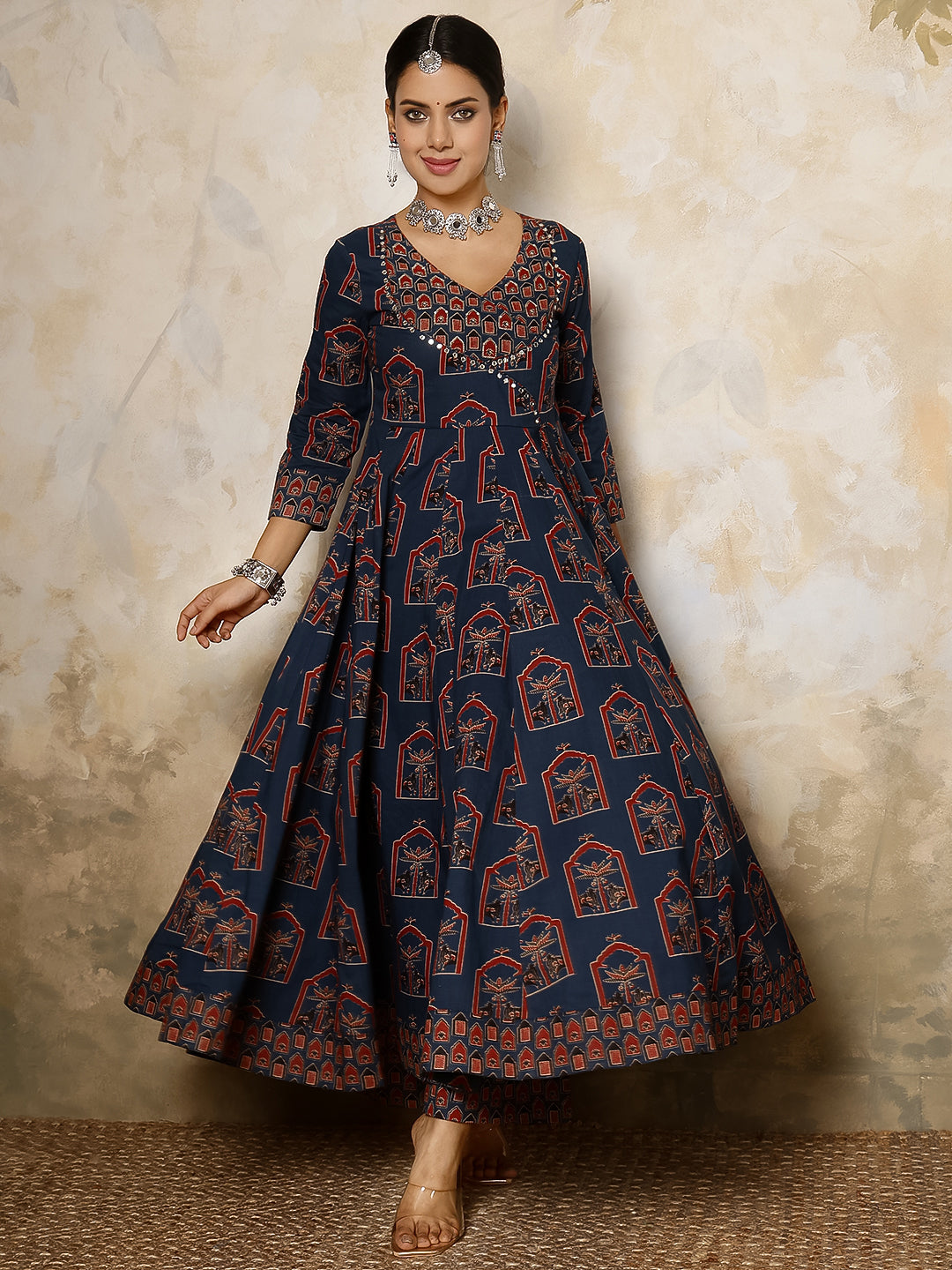 Cotton Calf Length Printed Flared 3/4 Sleeves V Neck Kurta, Bottom With Dupatta