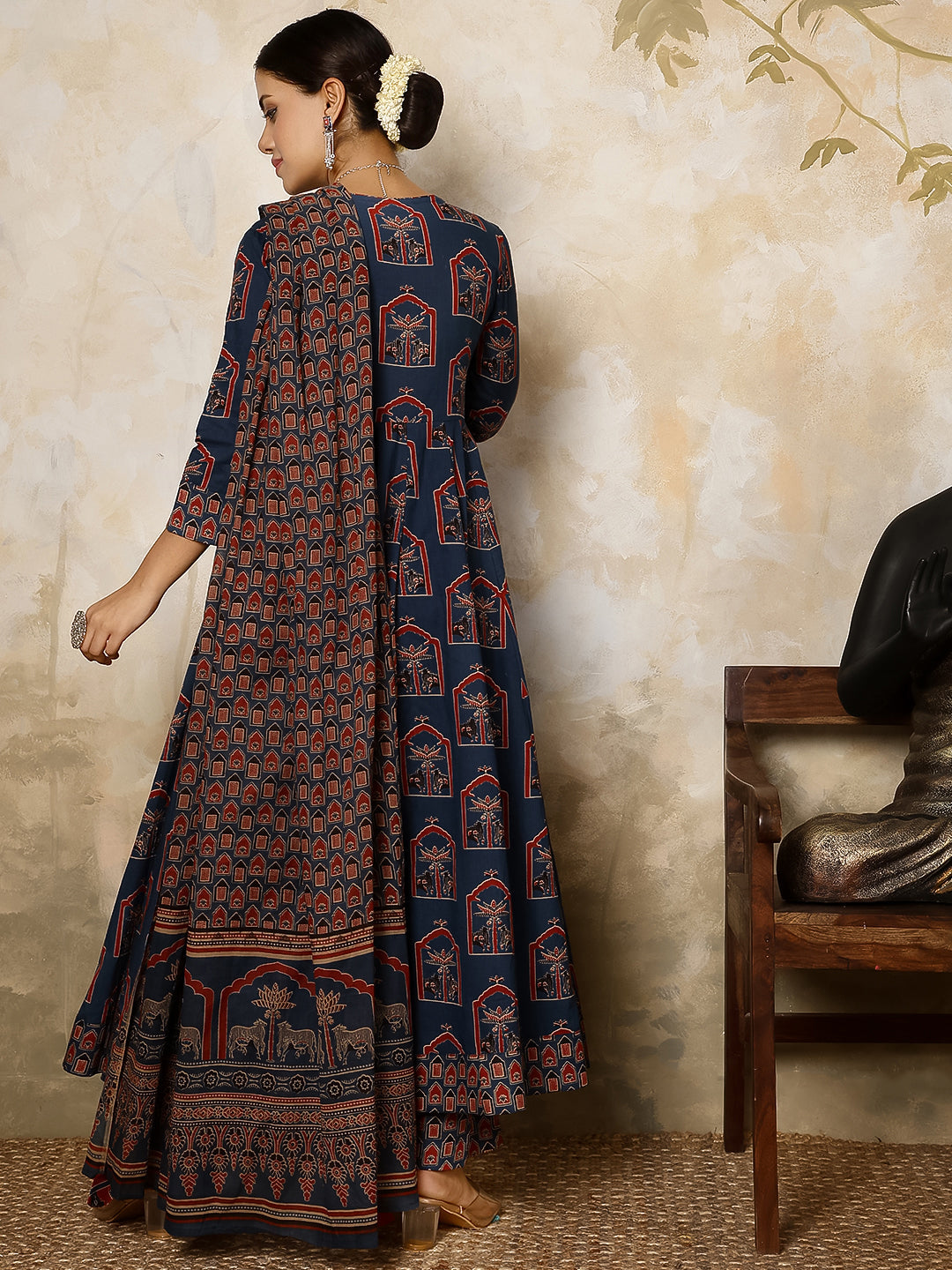 Cotton Calf Length Printed Flared 3/4 Sleeves V Neck Kurta, Bottom With Dupatta