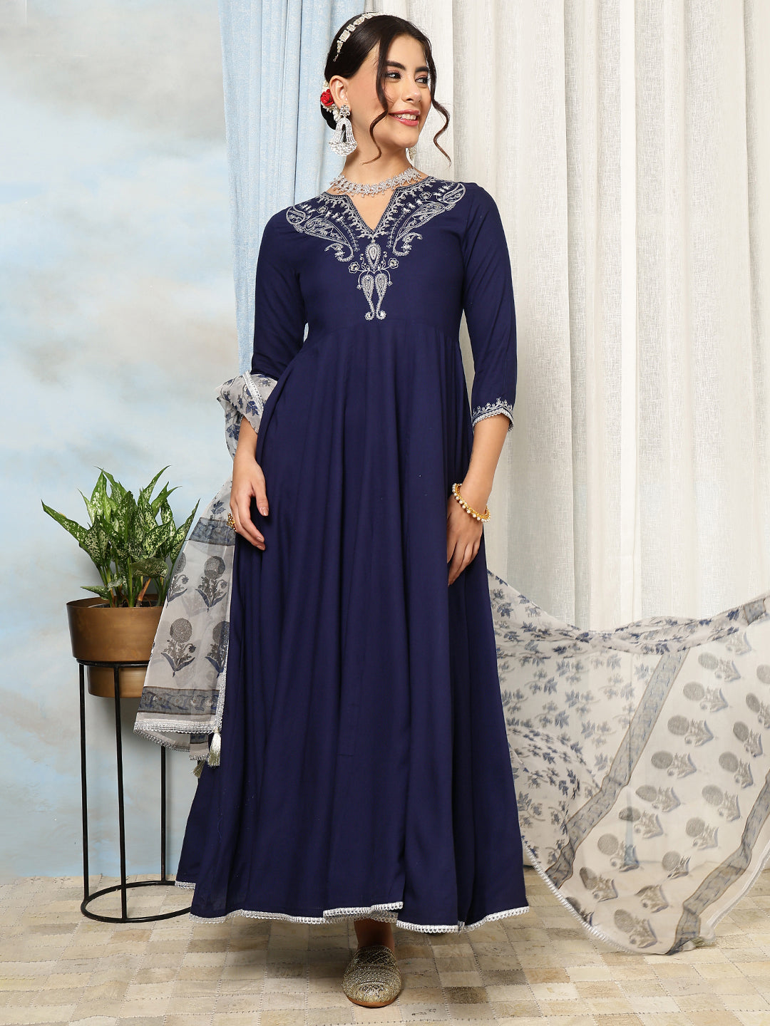 Rayon Calf Length Solid Flared 3/4 Sleeves V-Neck Kurta, Bottom With Dupatta