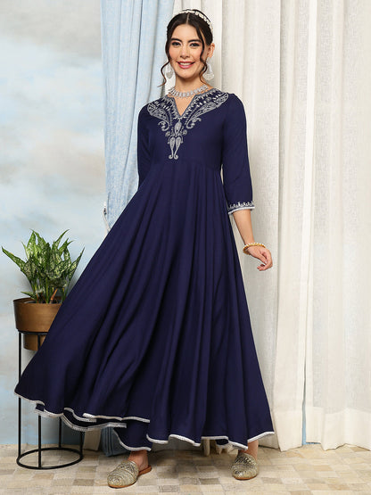 Rayon Calf Length Solid Flared 3/4 Sleeves V-Neck Kurta, Bottom With Dupatta