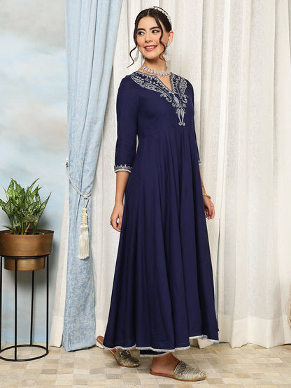 Rayon Calf Length Solid Flared 3/4 Sleeves V-Neck Kurta, Bottom With Dupatta