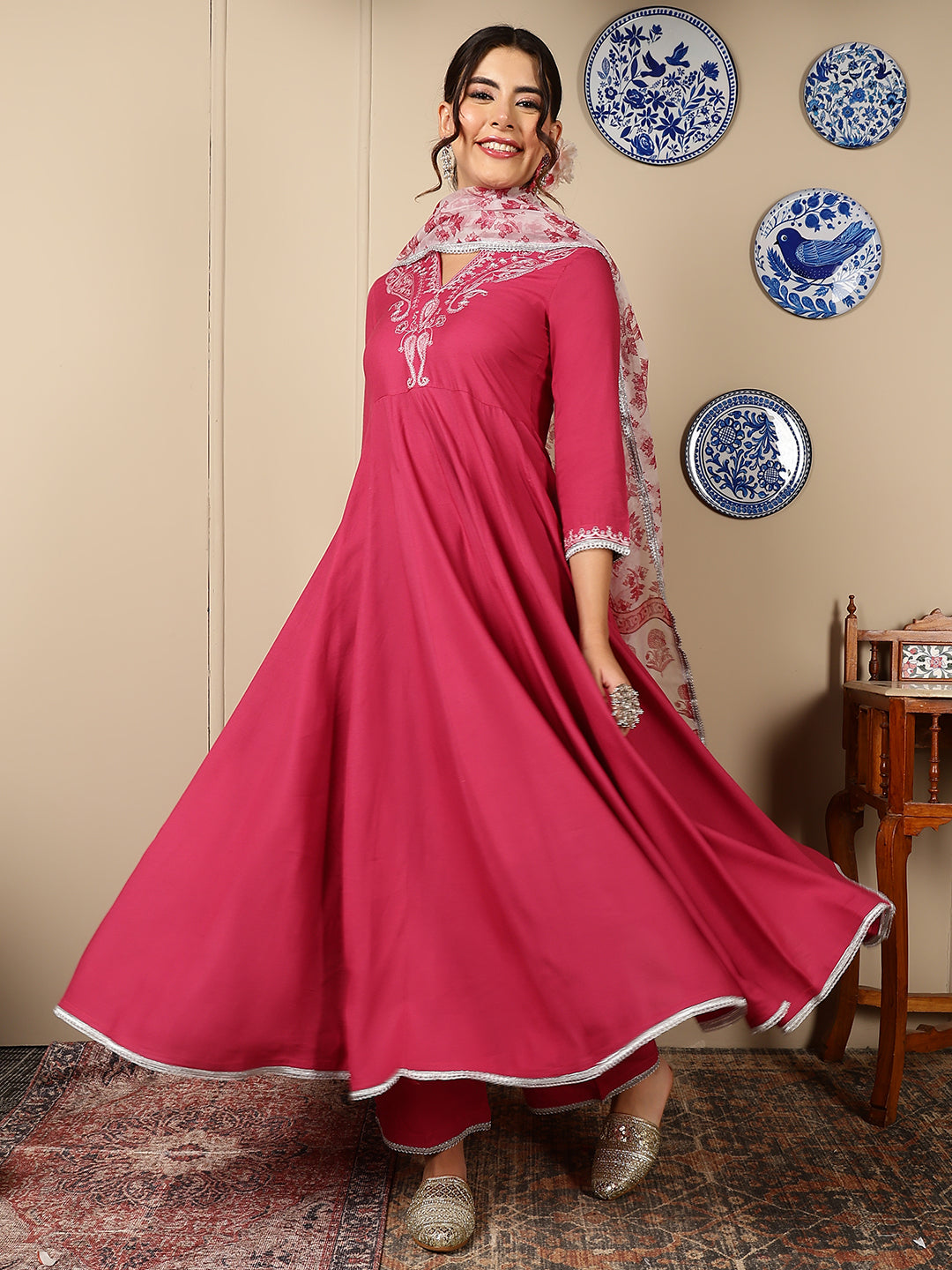 Rayon Calf Length Solid Flared 3/4 Sleeves V-Neck Kurta, Bottom With Dupatta