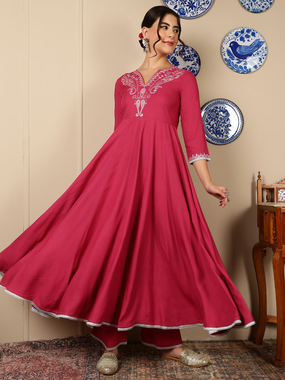 Rayon Calf Length Solid Flared 3/4 Sleeves V-Neck Kurta, Bottom With Dupatta