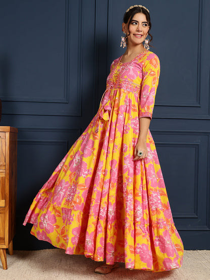 Cotton Ankle Length Printed Flared 3/4 Sleeves V-Neck Gown