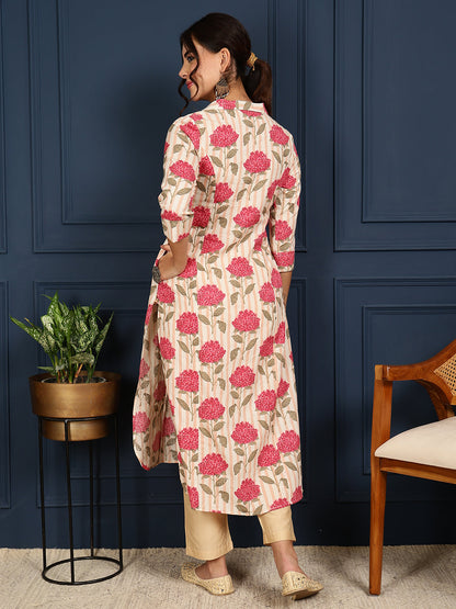 Flex Calf Length Printed Straight 3/4 Sleeves Shirt Coller Kurta