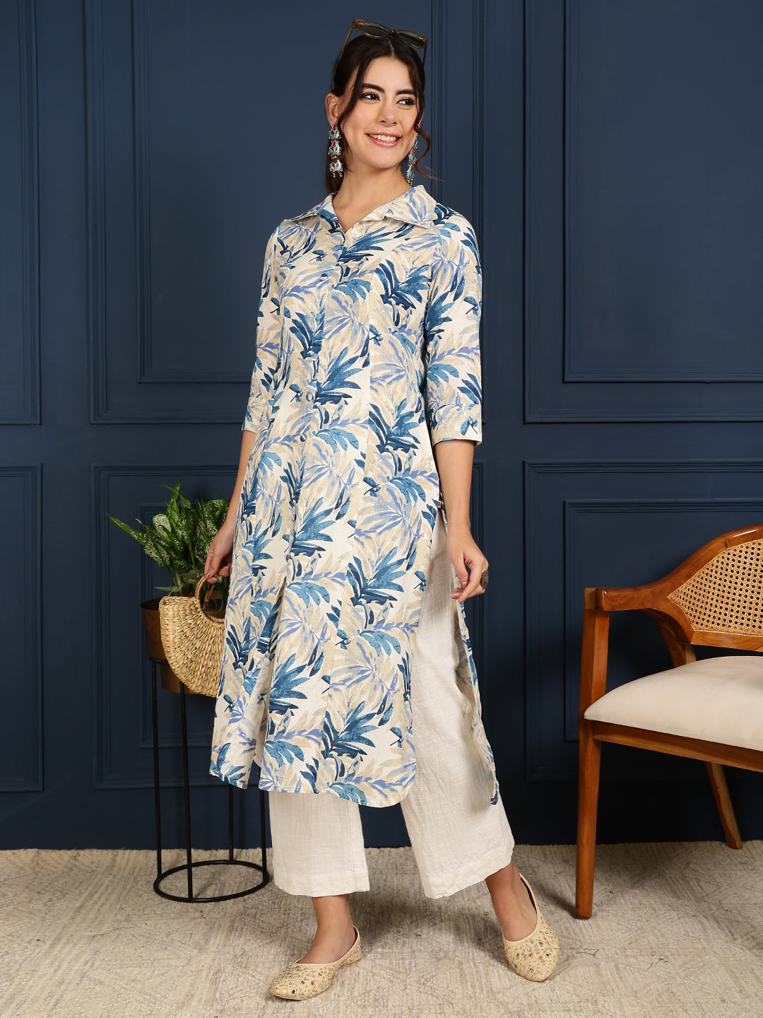 Flex Calf Length Printed Straight 3/4 Sleeves Shirt Coller Kurta