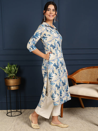 Flex Calf Length Printed Straight 3/4 Sleeves Shirt Coller Kurta